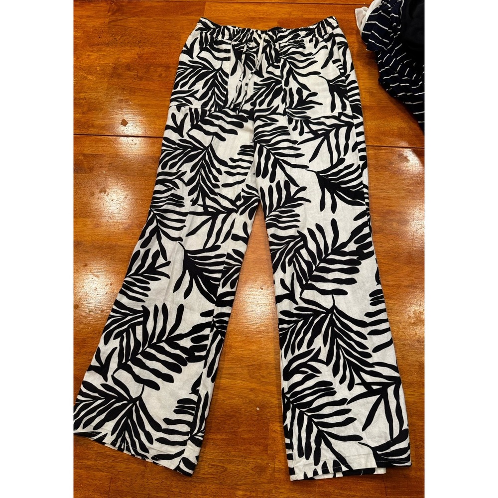 HG Women’s Large Black White Tropical Palm Leaf Print Wide Leg Pull-On Pants Lg
